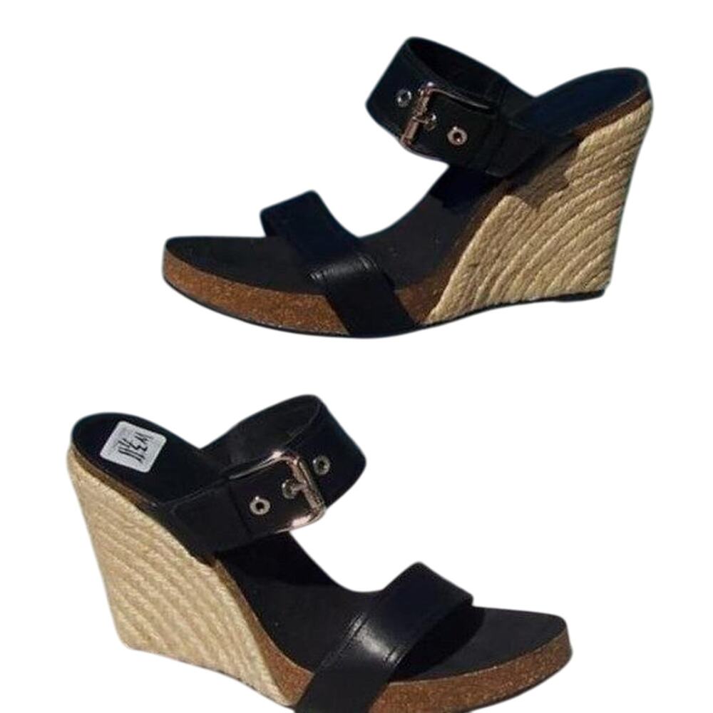 Donald Pliner Black Leather Hemp Wedge Shoe Rubber Sole Metal Buckle NWT $275